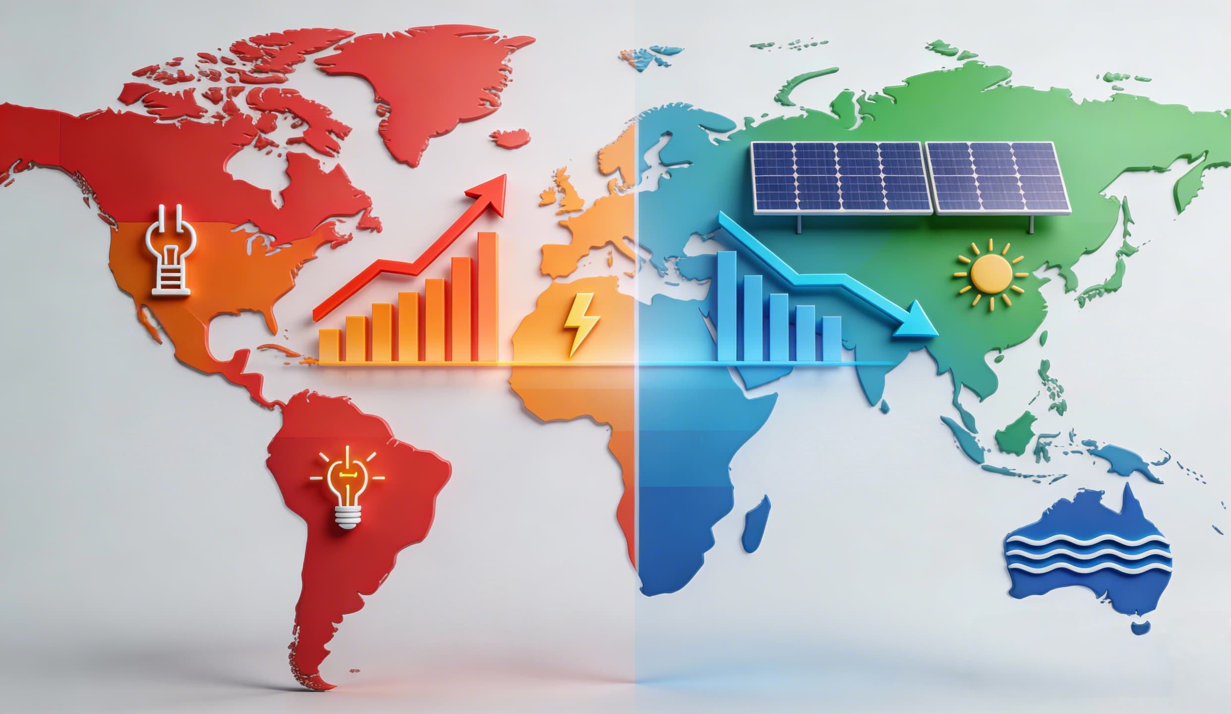 Global energy market trends infographic showing high price volatility in Europe and US versus stable renewable energy growth in India and Australia.